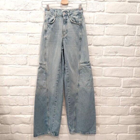 Zara Denim - ZARA Jeans 00 Blue Faded Whiskers Wide Leg Tall High Waist 23 Cargo Teen